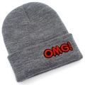 Gray knitted beanie hat featuring a red OMG! embroidered patch for winter warmth - Marl Grey