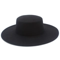 Classic black wide-brim wool felt boater hat with a flat top and vintage French style - Black