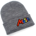 Detail of grey knitted beanie featuring colorful Music embroidery on the folded cuff - Marl Grey