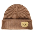 Detail of ribbed knit beanie with small plush teddy bear patch in caramel brown - Khaki