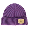 Deep purple ribbed knit beanie with cute yellow bear patch for winter warmth - Purple
