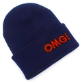 Detailed view of the 'OMG!' embroidered letter patch on a dark blue knitted beanie - Navy Blue