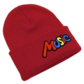 Close-up of colorful MUSIC embroidery detail on red knitted beanie hat with soft texture - Burgundy
