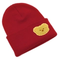 Berretto in maglia a coste rosso scuro con toppa a forma di orsetto giallo sul bordo - Taglia unica / Borgogna