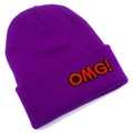 Detail of purple knit beanie featuring red OMG! letter embroidery on ribbed fold cuff - Purple