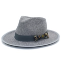 Detail of grey wool fedora hat featuring paisley bow and vintage golden metal buckle - One Size / Gray