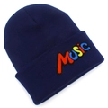 Close-up of colorful MUSIC embroidery on a navy blue knitted beanie hat for winter - Navy Blue