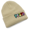 Detailed view of colorful Peace embroidery and floral patterns on a beige knit beanie - Beige