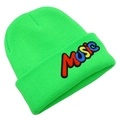 Close-up of vibrant neon green beanie with rainbow colored MUSIC letter embroidery - Green