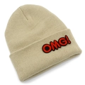 Fashionable beige knitted beanie hat with red OMG embroidery for warm autumn and winter wear - Beige