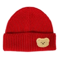 Red ribbed knit beanie featuring a cute plush teddy bear patch for women and men - Red