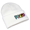 Close-up of multicolor PEACE letter embroidery on white ribbed knit beanie cuff - White