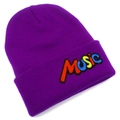 Detail of purple ribbed knit beanie featuring colorful MUSIC embroidery patch - Purple