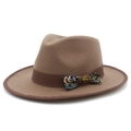 Detail of wool felt jazz hat featuring paisley bow and brass buckle on camel ribbon - One Size / Tan