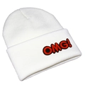 Detail shot of white knitted beanie featuring a bold red OMG embroidery on the cuff - White