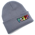 Grey knit beanie with colorful PEACE letter embroidery and floral detail for winter - Gray