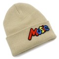 Detail of MUSIC bubble letter embroidery on a beige knitted beanie with folded cuff - Beige