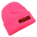Detailed close-up of bright pink knitted beanie with embroidered OMG text on the cuff - Deep Pink