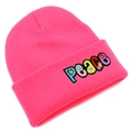 Detail of hot pink knit beanie showing colorful PEACE embroidery with floral patterns - Deep Pink