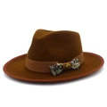 Detail of wool fedora hat featuring a paisley bow and vintage brass button accent - One Size / Coffee