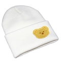 Dettaglio della texture del berretto in maglia bianca e toppa con orso ricamato - Taglia unica / Bianco