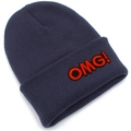 Detail of navy blue knitted beanie featuring a bold red OMG! embroidered patch - Dark Gray