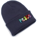 Detail view of PEACE colorful floral embroidery on a navy knit beanie hat - Dark Gray