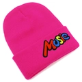 Detail of hot pink ribbed knit beanie with colorful MUSIC embroidery and fine texture - Rose Red