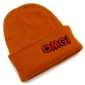 Orange ribbed knit beanie with OMG! embroidery patch on a flat white background - Caramel color