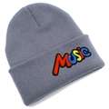 Detail of colorful music letter embroidery on grey knit beanie with high texture - Gray