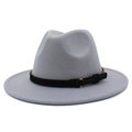 Classic light grey wool fedora hat with a flat wide brim and a black decorative gold buckle strap - One Size / Gray