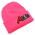 Detailed view of pink knitted beanie with colorful MUSIC embroidery and ribbed texture - Deep Pink