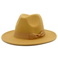Detailed side view of mustard yellow wool fedora hat with matching ribbon and bow - Khaki