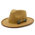 Detail of camel wool fedora hat featuring paisley patterned bow and bronze buckle - One Size / Khaki