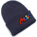 Detail of colorful MUSIC embroidery on a dark grey-blue knitted beanie hat for winter - Dark Gray