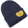 Berretto in maglia a coste blu scuro con toppa a forma di orso sherpa giallo su sfondo bianco - Taglia unica / grigio scuro