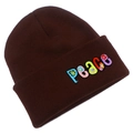 Detail of colorful PEACE embroidery with floral accents on dark brown knitted beanie - Coffee