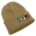 Close-up of khaki knitted beanie featuring PEACE embroidery with floral letter patterns - Khaki
