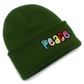 Dark green knit beanie with colorful Peace letter embroidery for men and women - Army Green