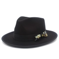 Close-up of black wool fedora with paisley bow and vintage gold button detail - One Size / Black