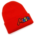 Detailed view of the red knitted beanie with colorful MUSIC embroidery and fine texture - Red