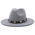 Sombrero fedora de lana gris con cinturón de metal vintage para hombre y mujer - Gris
