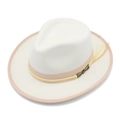 White wool felt jazz fedora hat with pink grosgrain ribbon and bronze metal buckle - White
