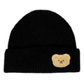 Sweet black ribbed knit beanie featuring a cute plush bear patch for autumn and winter - Black