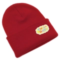 Détail d'un bonnet en tricot rouge avec un écusson brodé Cute Day en forme de nuage - Bordeaux