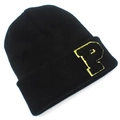 Close-up of black knit beanie with golden embroidered letter P and distressed patch detail - Black