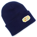Détail de la broderie arc-en-ciel Cute Day sur le bonnet en tricot bleu marine - Bleu marine