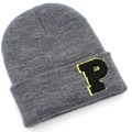 Dark grey knitted beanie with P letter embroidery and windproof winter thermal protection - Marl Grey