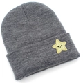 Grey knitted beanie featuring a yellow star patch for winter warmth and wind protection - Marl Grey