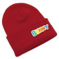 Detail of red knitted beanie featuring colorful BUNNY 3D embroidery and ribbed texture - Burgundy
